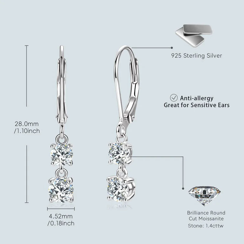 Anziw 42mm Long Dangle D Moissanite Drop Earrings for - 2 Stones-Silver