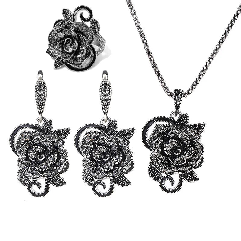 Ajojewel Black Crystal Rhinestone Rose Flower