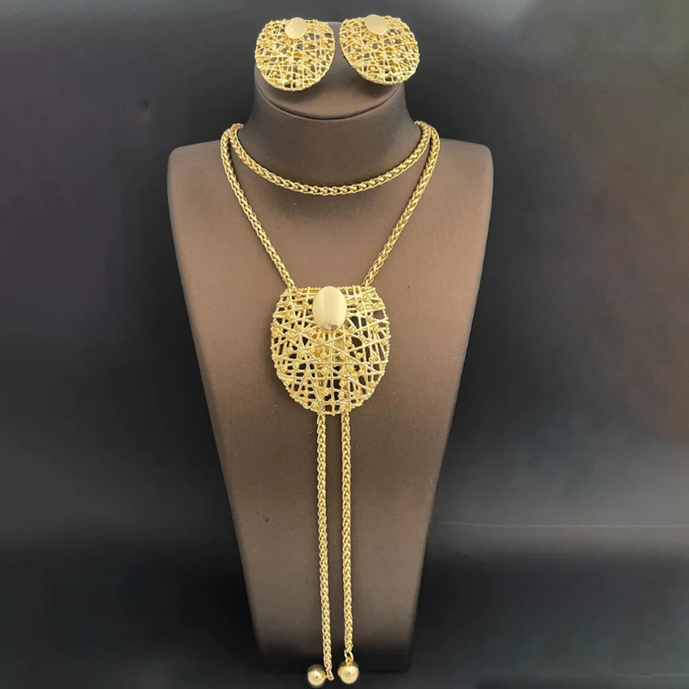 Gold Color Necklace Earrings Set For Women Unique - Long Chain 1
