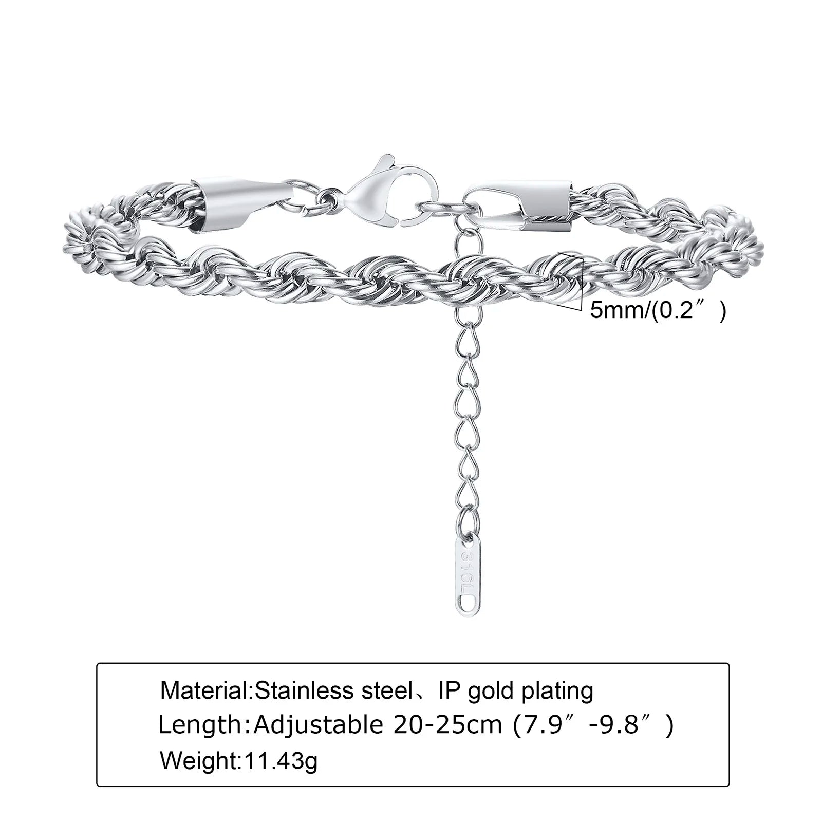 2-5MM Stainless Steel Rope Bracelets for Boys,Adju