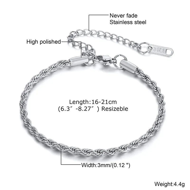 2-5MM Stainless Steel Rope Bracelets for Boys,Adju