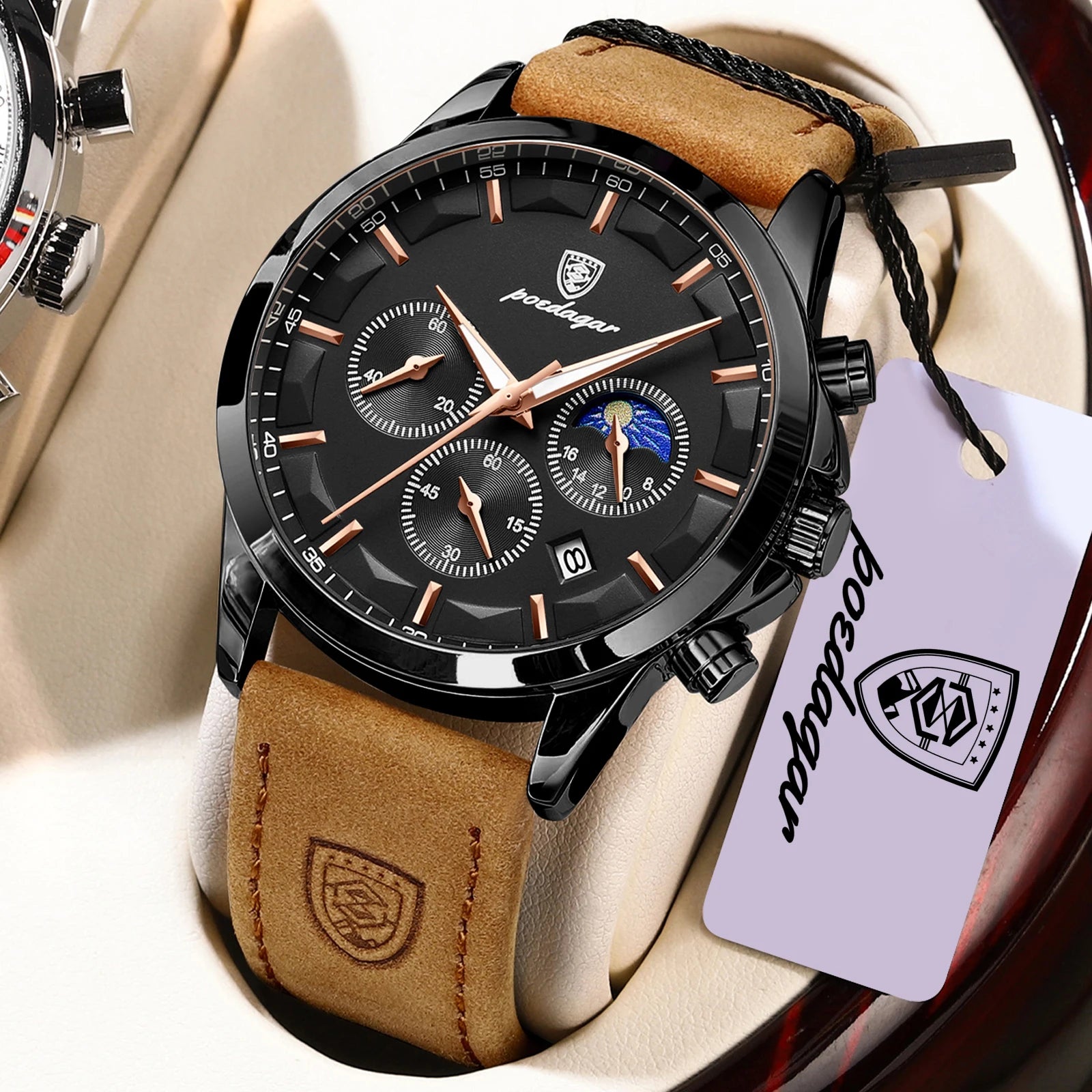 POEDAGAR Fashion Business Men Quartz Watch Waterproof - 928 Black Black L