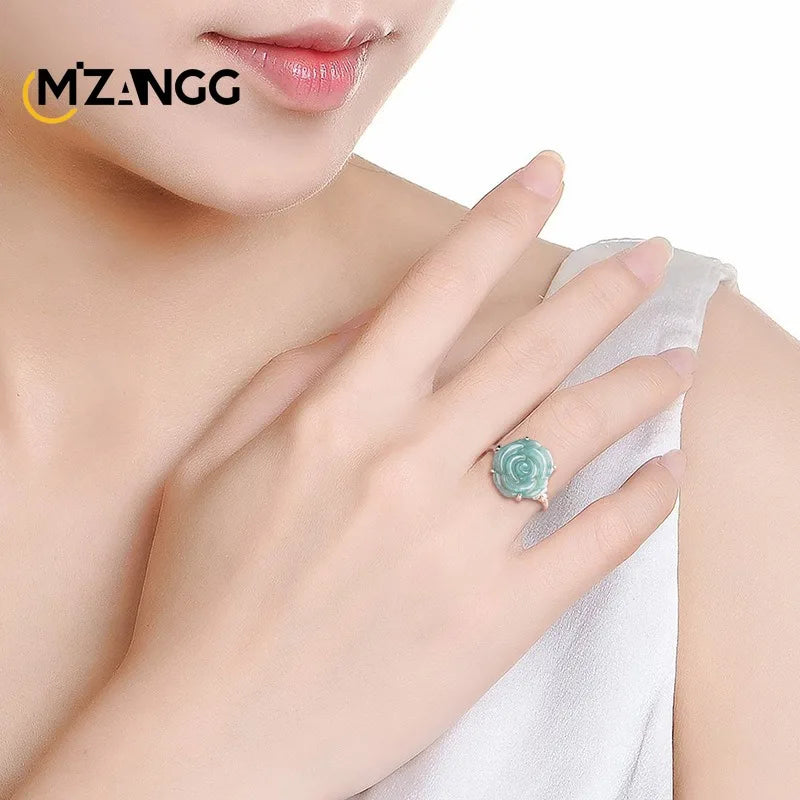S925 Silver Set Myanmar Jadeite Blue Water Rose.