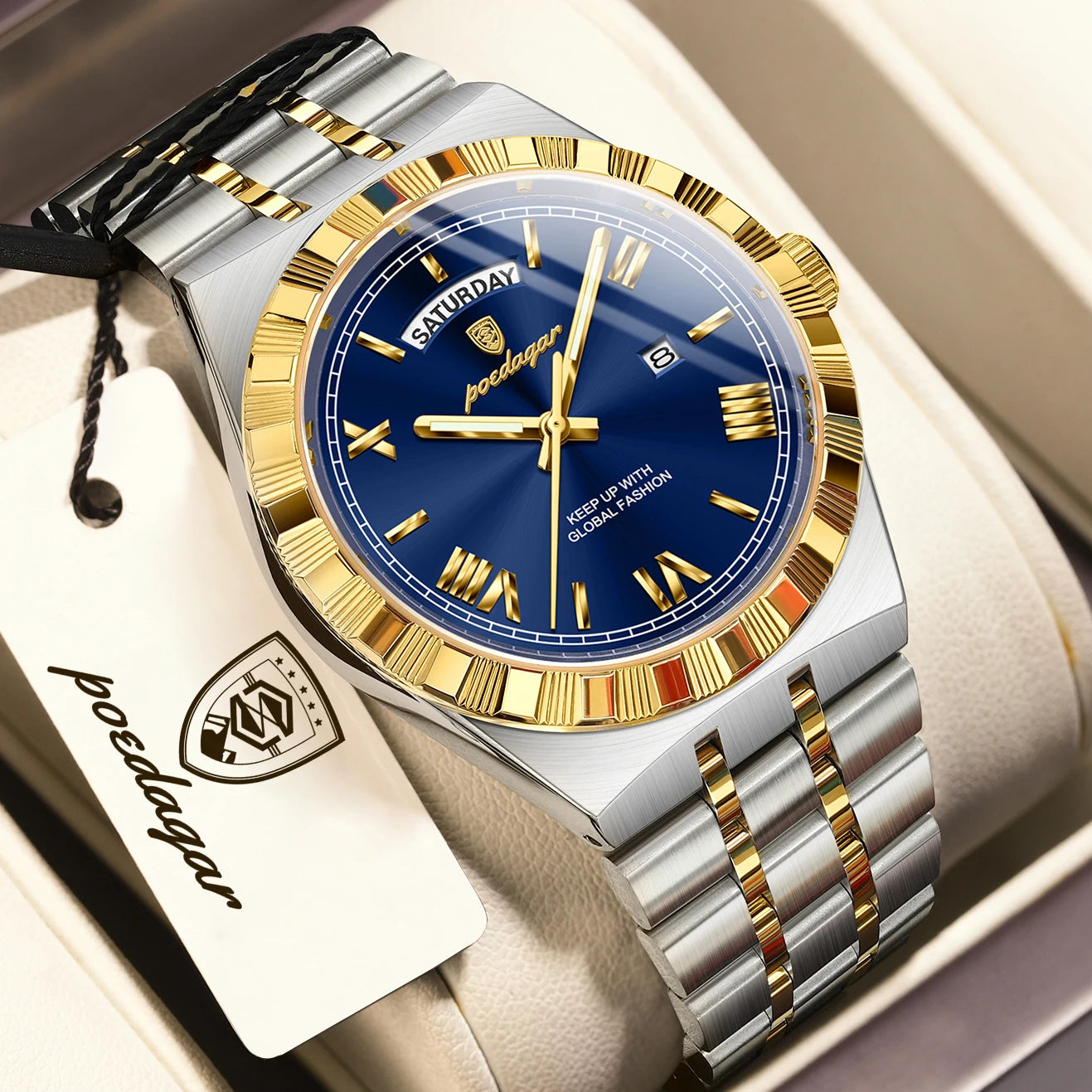 POEDAGAR Fashion Business Men's Watch Luminous - 675 Gold Blue / China Mainland