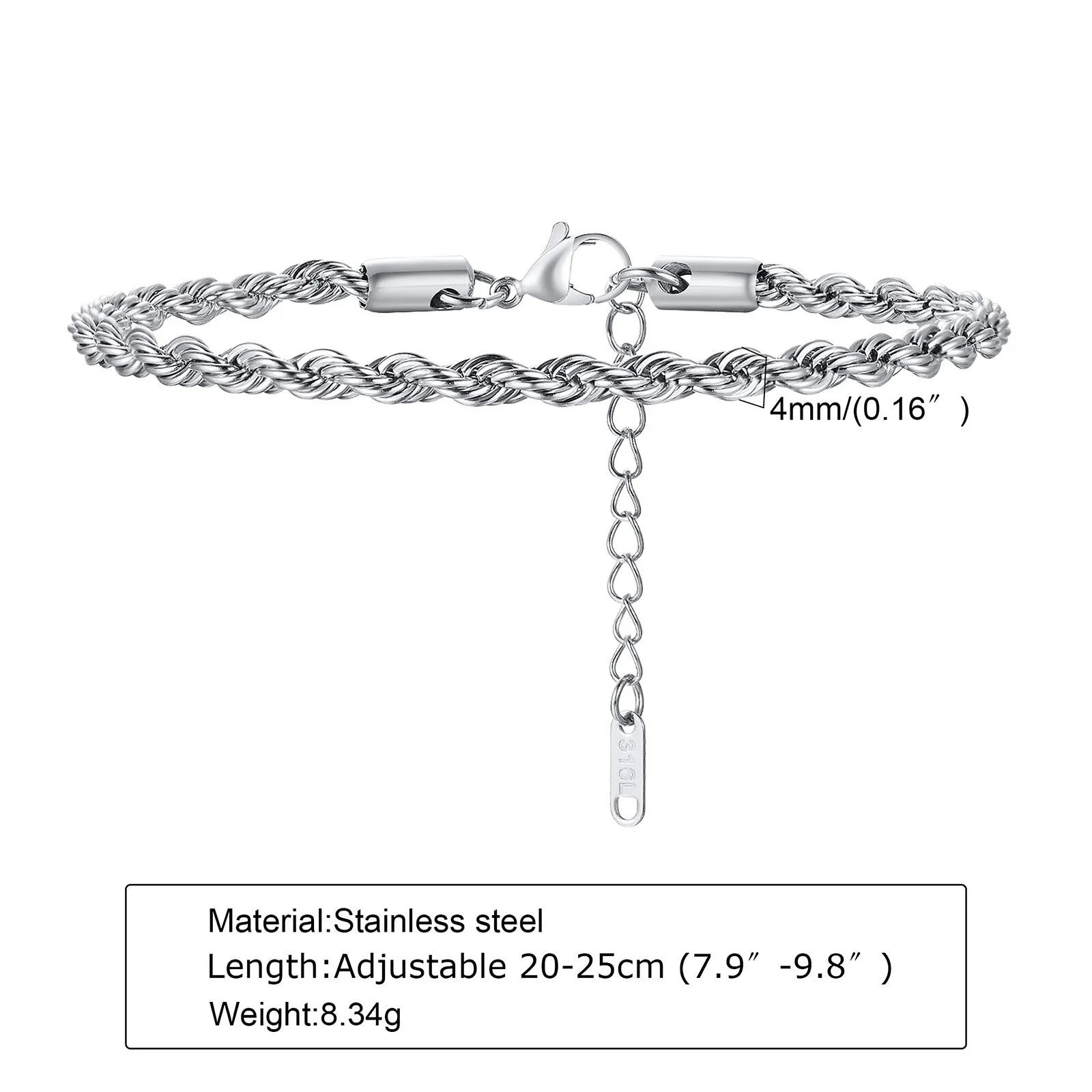 2-5MM Stainless Steel Rope Bracelets for Boys,Adju
