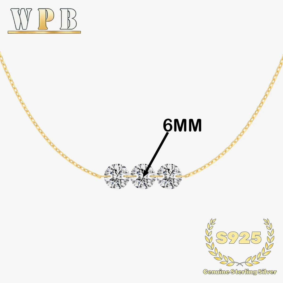 Genuine S925 Silver 3 Sparkling Zircon Necklace Dainty - DY191196-G-6MM / 45cm