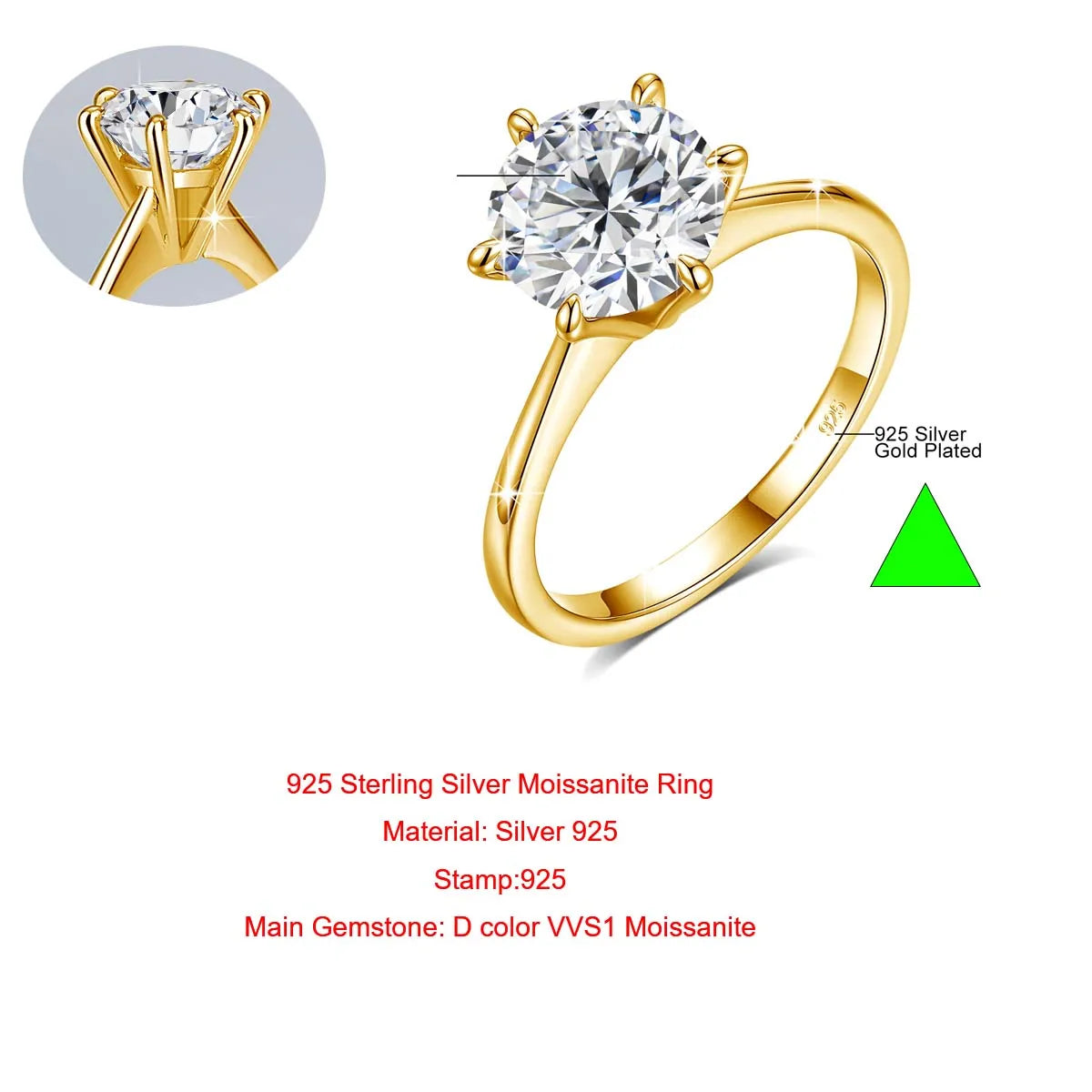 Sdoou Real Gold 14K 6 Prongs Round 1-3ct Moissanit