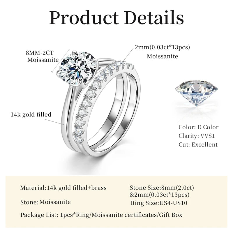 Lnngy 8mm 2ct Round Cut Moissanite Ring Set With