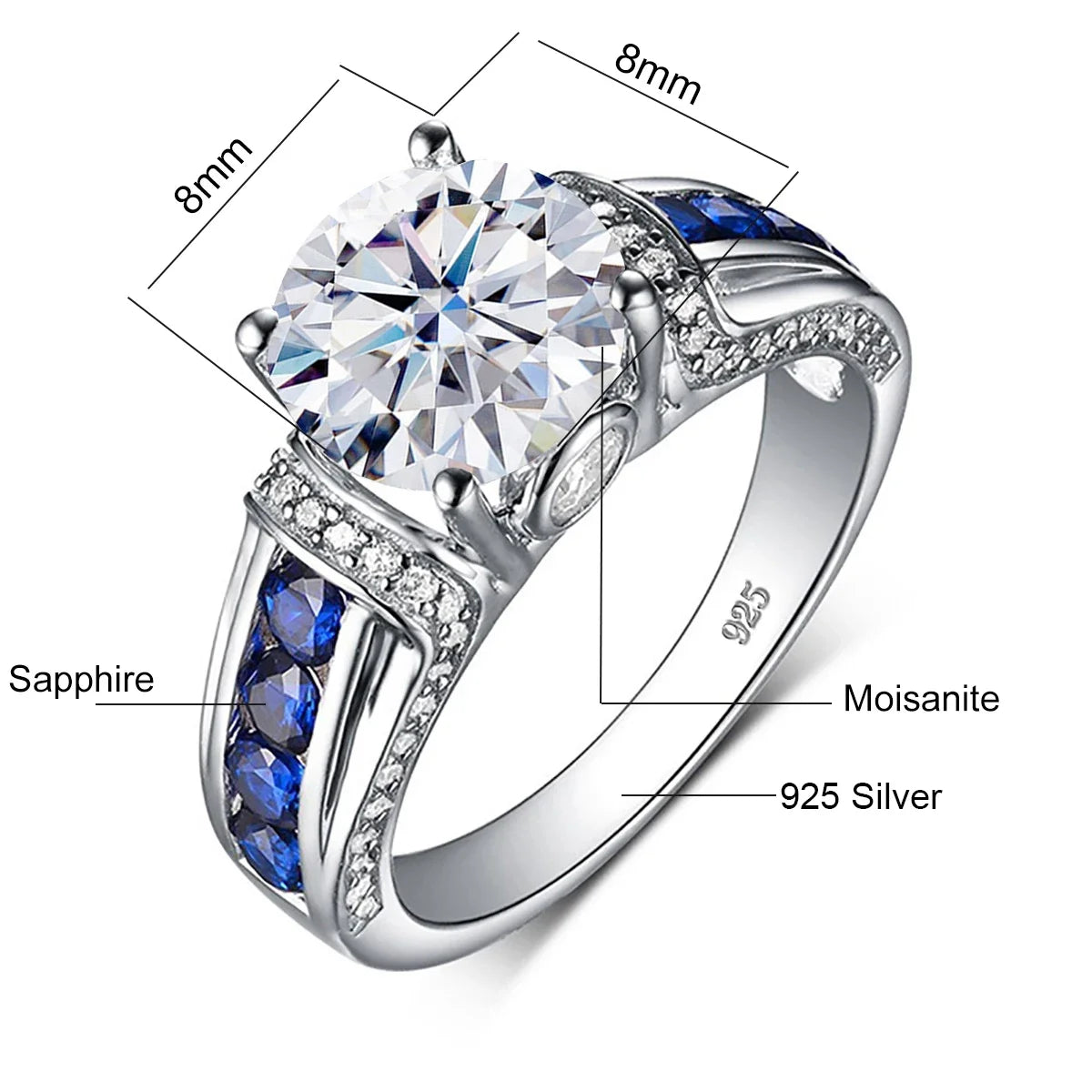 Certified D Color VVS1 2ct Moissanite Diamond Ring - 925 Sterling Silver / Moissanite Sapphire / 5, 925 Sterling Silver / Moissanite Sapphire / 6, 925 Sterling Silver / Moissanite Sapphire / 7, 925 Sterling Silver / Moissanite Sapphire / 8, 925 Sterling Silver / Moissanite Sapphire / 9, 925 Sterling Silver / Moissanite Sapphire / 10, 925 Sterling Silver / Moissanite Sapphire / 11, 925 Sterling Silver / Moissanite Sapphire / 12, 925 Sterling Silver / Moissanite Sapphire / 13