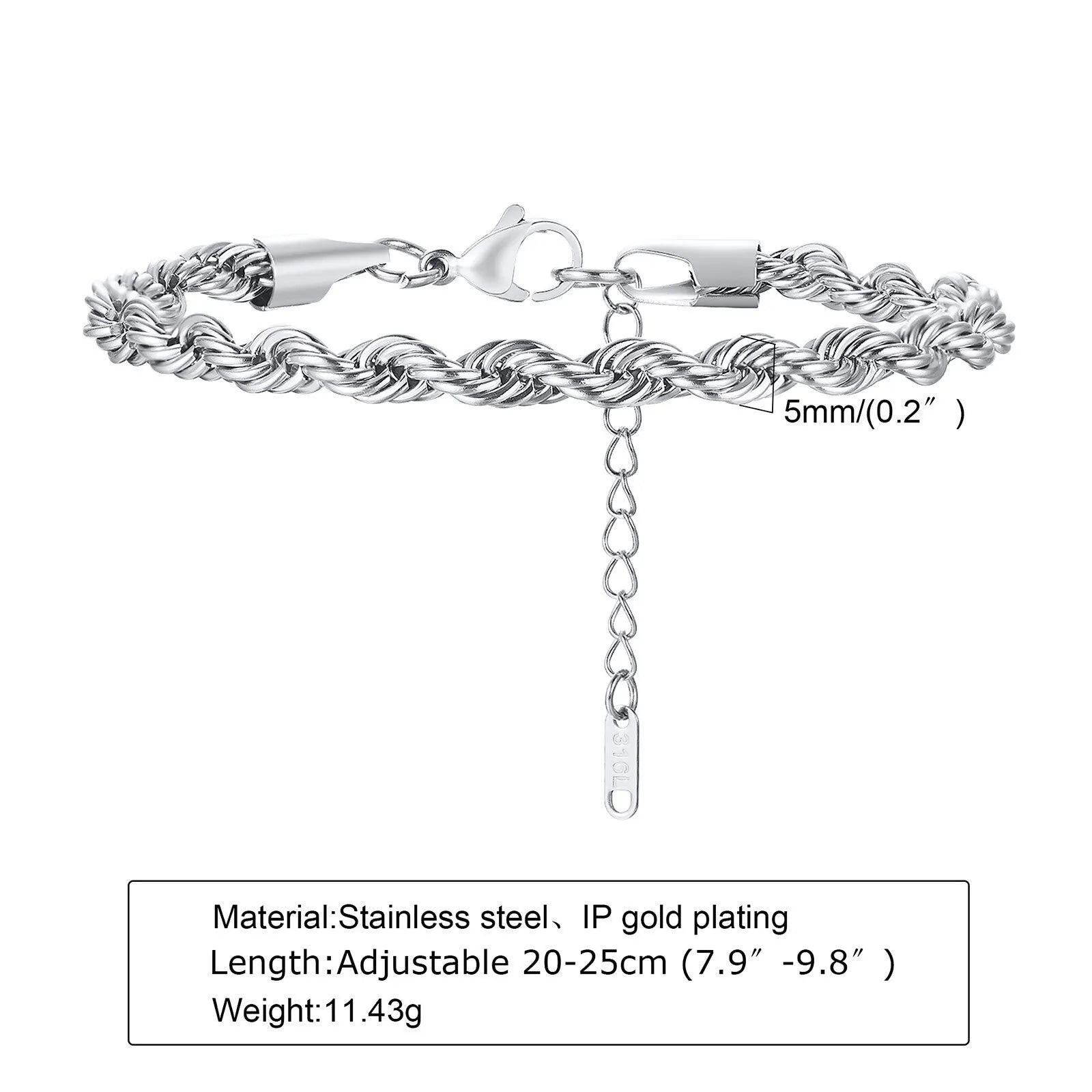 2-5MM Stainless Steel Rope Bracelets for Boys,Adju