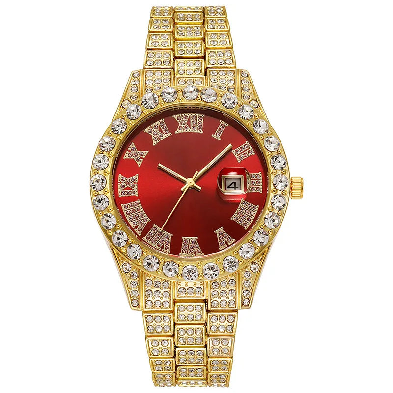 Luxury Classic Golden Men's Steel Strap Roman Scale - gold red / CN