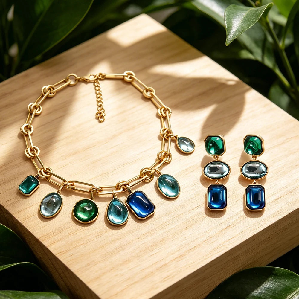 Multi Color Blue And Green Crystal Jewelry Set Gold