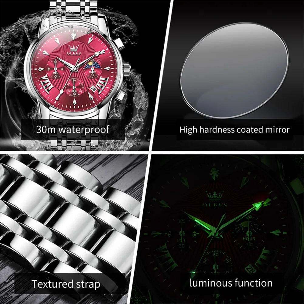 OLEVS Brand Fashion Red Watch For Men Luxury Sport
