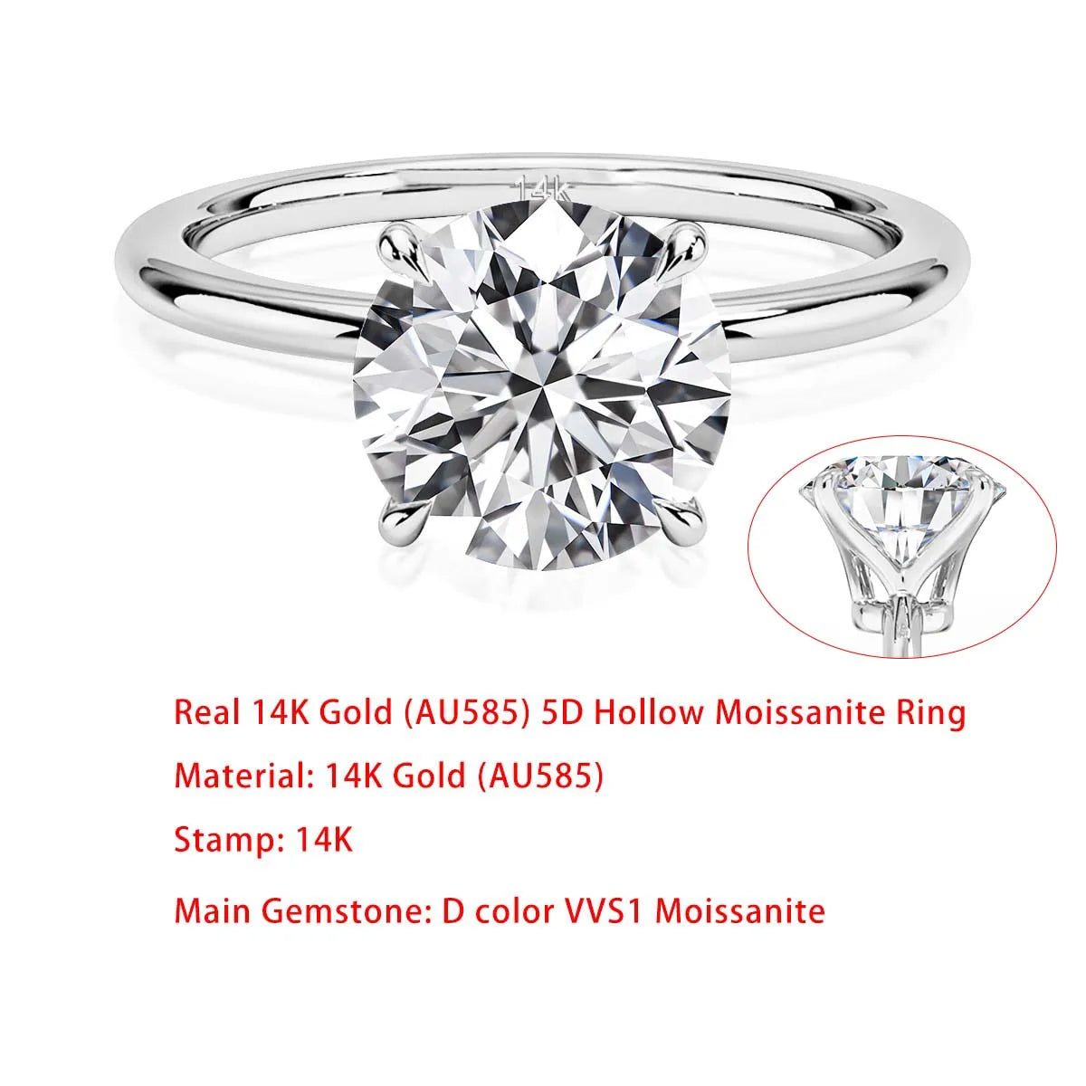 Sdoou Real Gold 14K 6 Prongs Round 1-3ct Moissanit