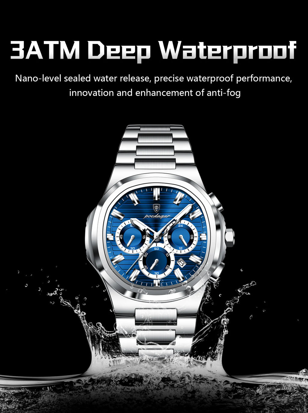 Poedagar Business Male Clock Date Chronograph