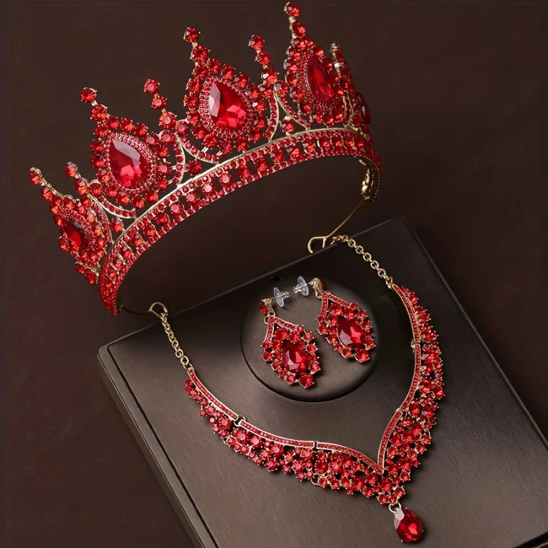 3Pcs Crystal Crown Necklace Earring Set Rhinestone