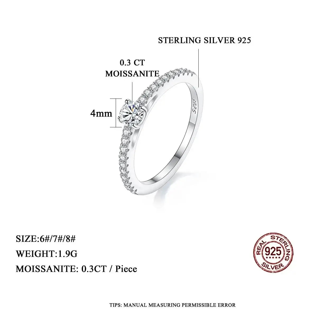 Real 925 Sterling Silver Small Moissnaite Ring For