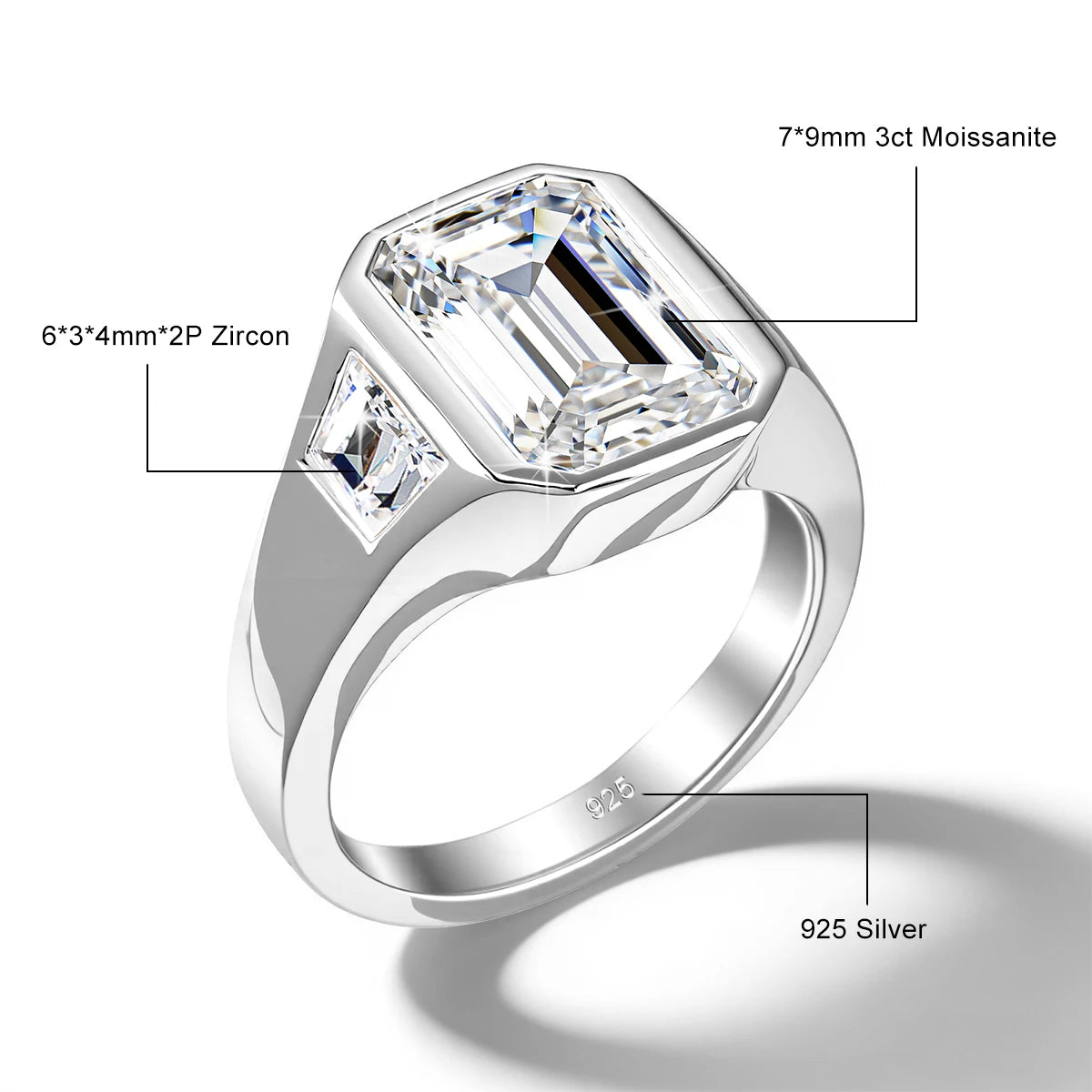 3CT Emerald Cut Moissanite Rings for Men Women D