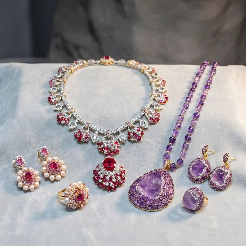 3pcs Jewelry Set Large Raw Amethyst Quartz Crystal