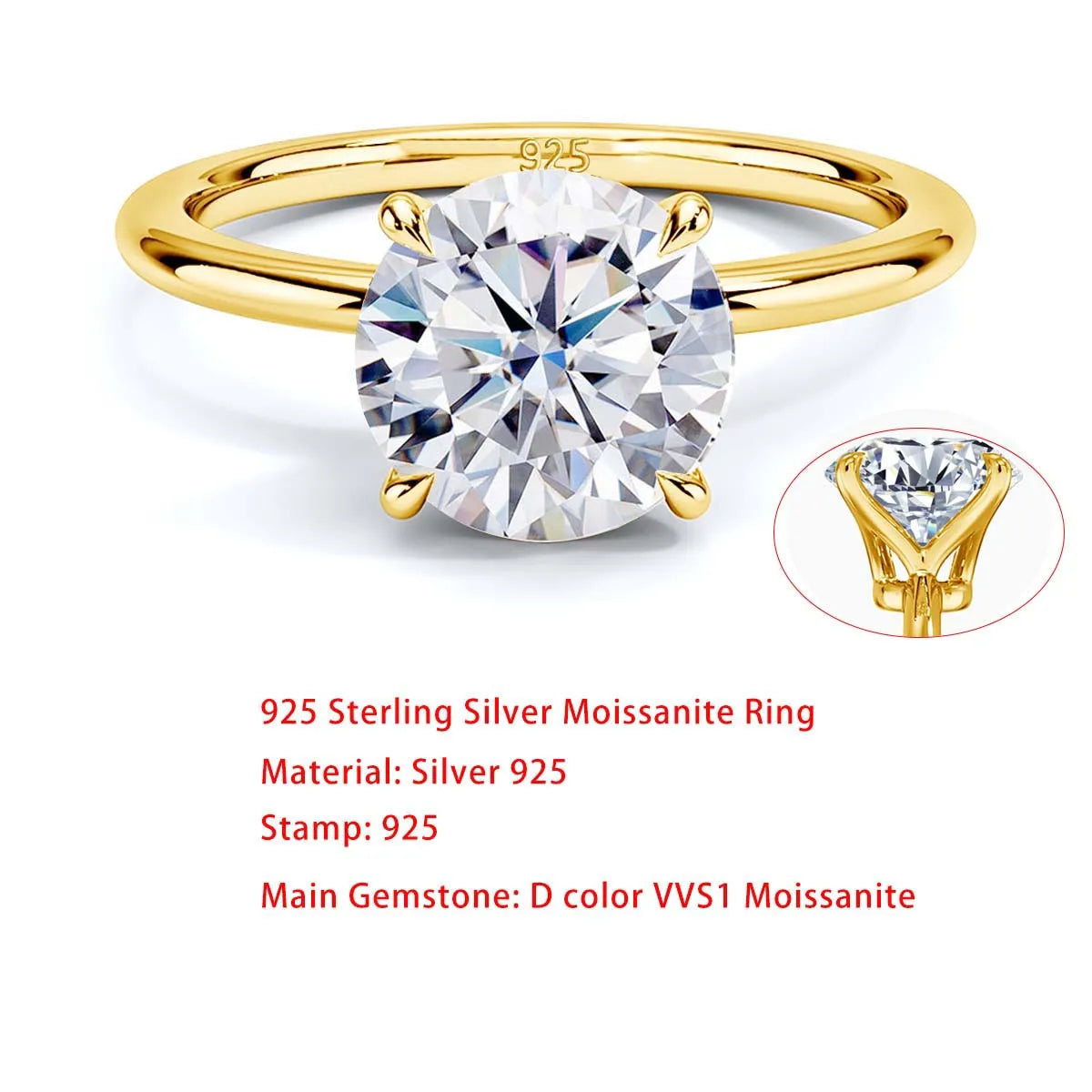 Sdoou Real Gold 14K 6 Prongs Round 1-3ct Moissanit
