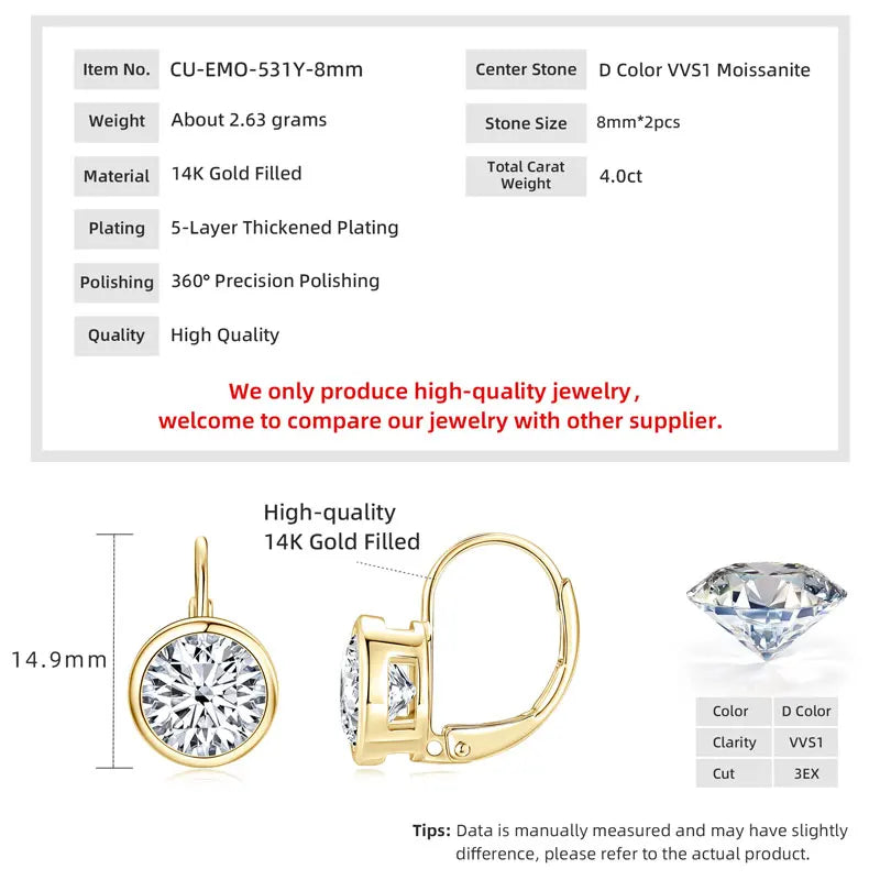 Lnkry 6.5MM/8MM Moissanite Hoop Earring 14k - gold color-8mm