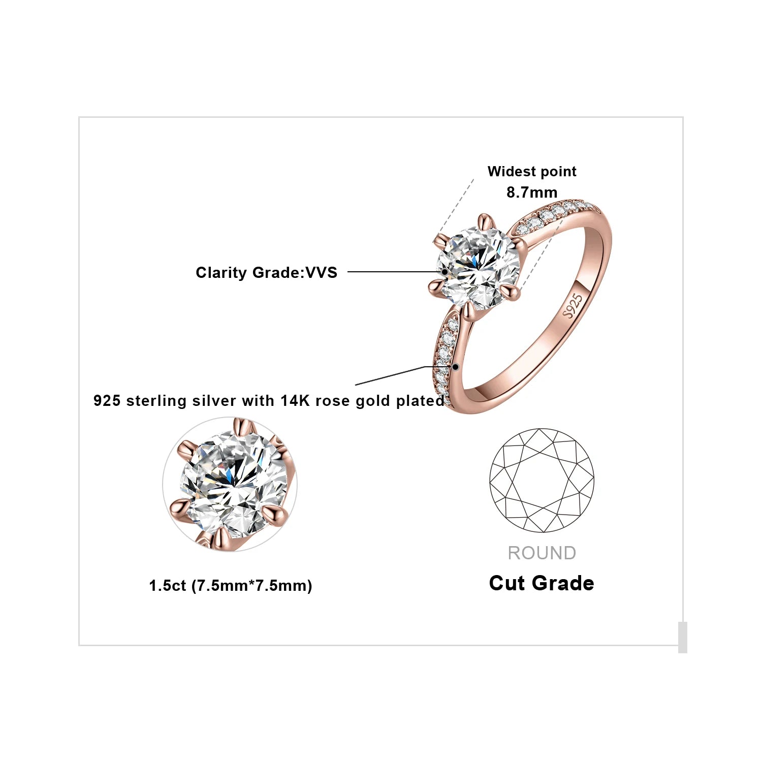 JewelryPalace Moissanite D Color 0.5ct 1ct 1.5ct 2ct - GRA Certificate / 1.5ct Rose Color / 10, GRA Certificate / 1.5ct Rose Color / 9, GRA Certificate / 1.5ct Rose Color / 6, GRA Certificate / 1.5ct Rose Color / 5, GRA Certificate / 1.5ct Rose Color / 8, GRA Certificate / 1.5ct Rose Color / 7