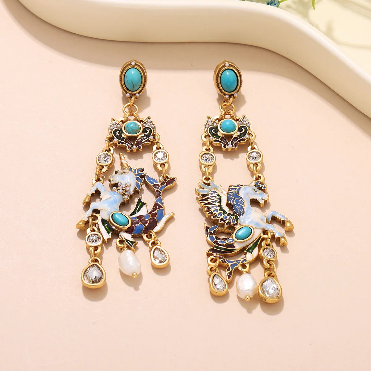 Vintage Enamel Pegasus Drop Earrings for Women -