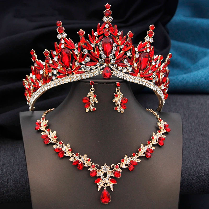 Royal Queen 3 Pcs Tiaras and necklace earrings for - Gold Red Set