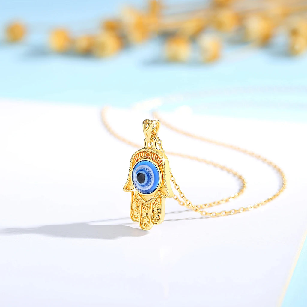 Szjinao 100% 18k Real Gold Evil Eye Necklace Hand