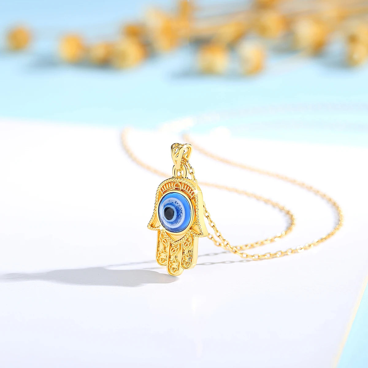 Szjinao 100% 18k Real Gold Evil Eye Necklace Hand