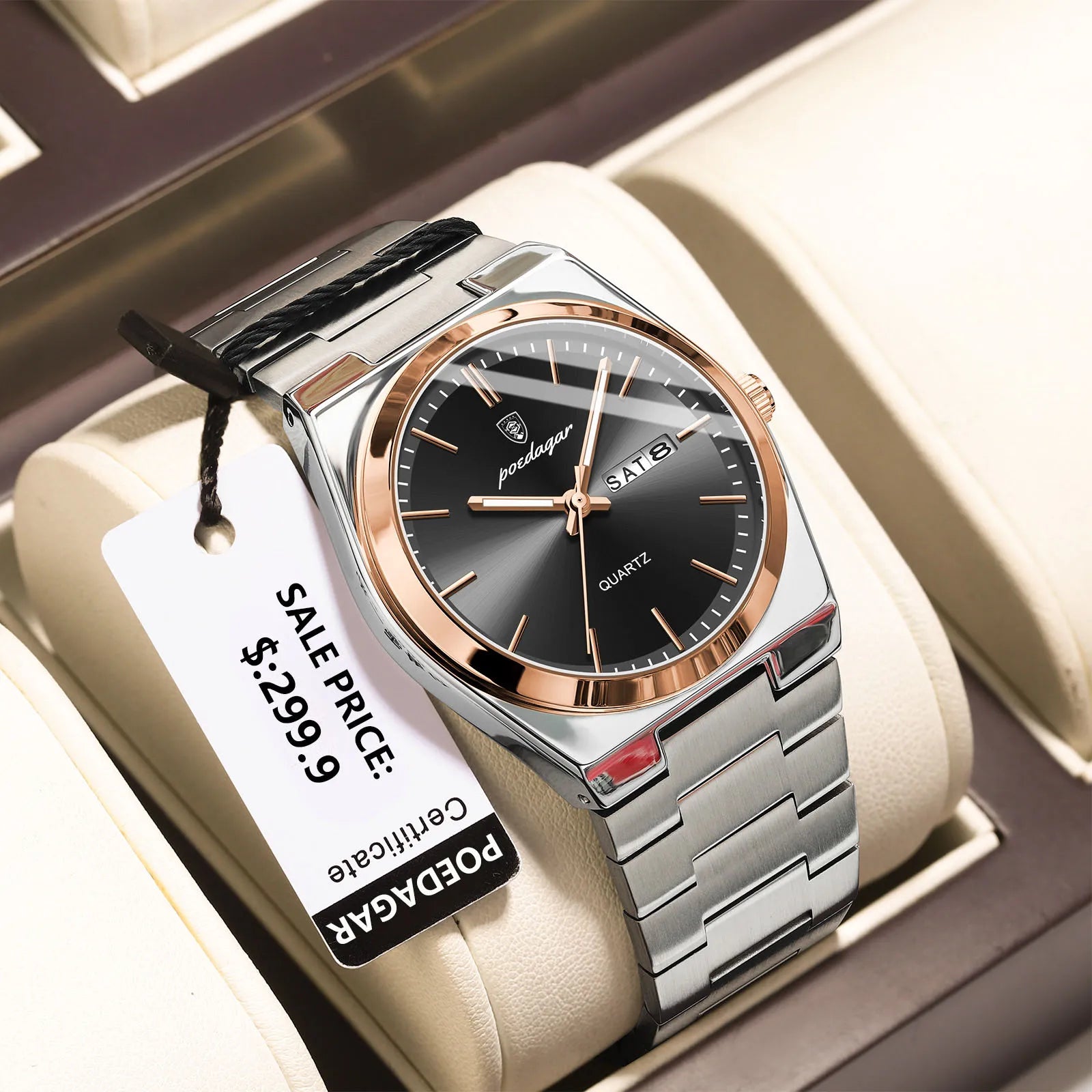 POEDAGAR Luxury Men's Watches Waterproof Luminous Date - 930 Rose Gold Black