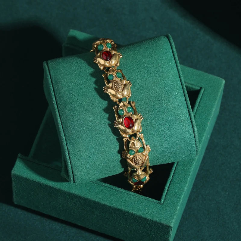 Vintage Adjustable Frog Charm Bracelet with Natural