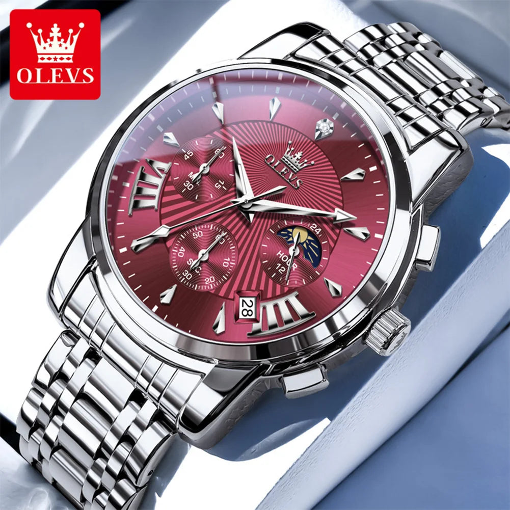 OLEVS Brand Fashion Red Watch For Men Luxury Sport - Silver Red