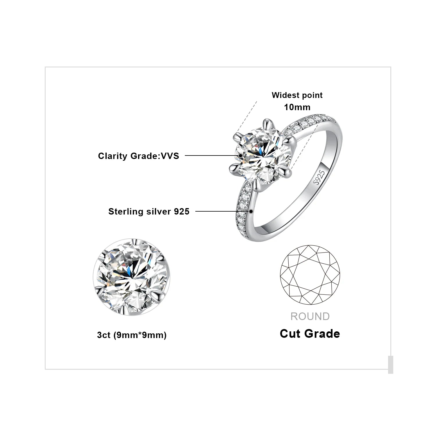 JewelryPalace Moissanite D Color 0.5ct 1ct 1.5ct 2ct - GRA Certificate / 3ct Silver Color / 10, GRA Certificate / 3ct Silver Color / 9, GRA Certificate / 3ct Silver Color / 6, GRA Certificate / 3ct Silver Color / 5, GRA Certificate / 3ct Silver Color / 8, GRA Certificate / 3ct Silver Color / 7
