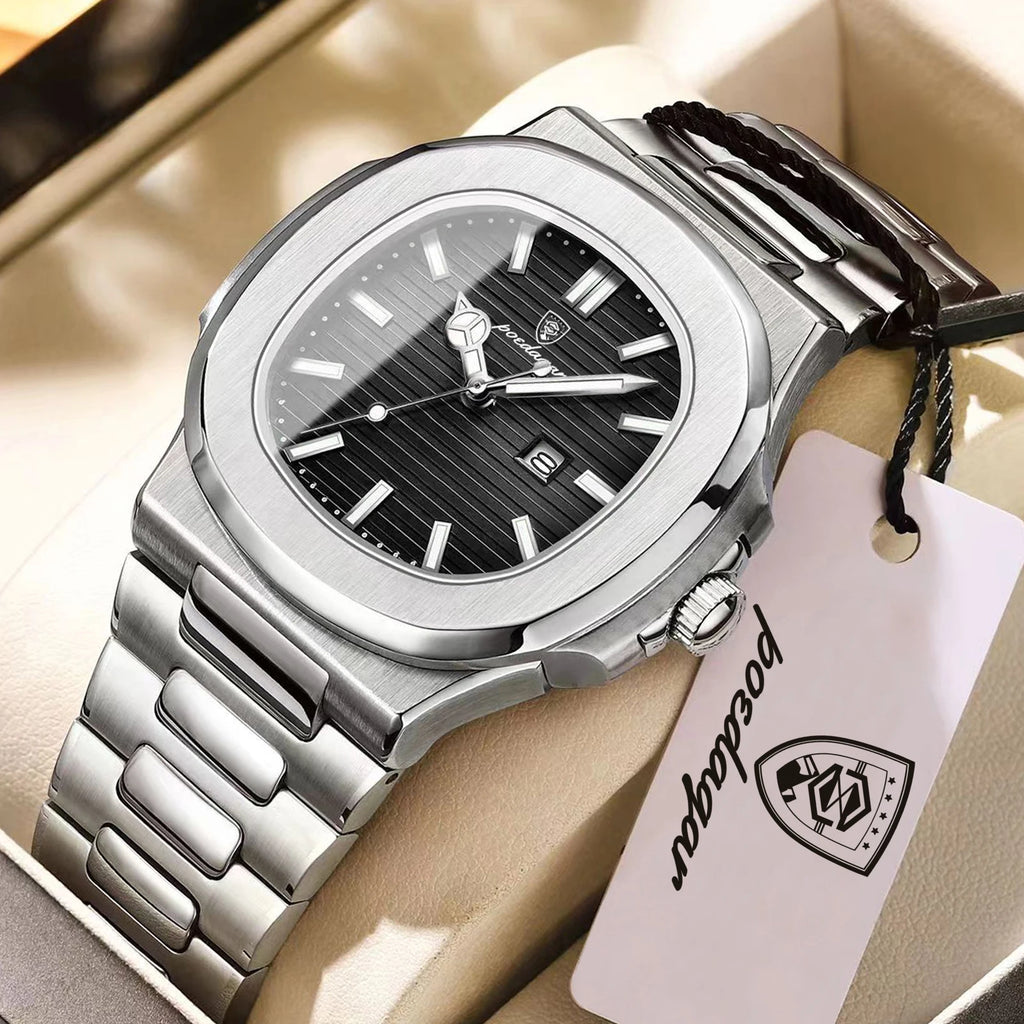 POEDAGAR Luxury Square Men Wristwatch Waterproof - 613 Silver Black S / United States / No