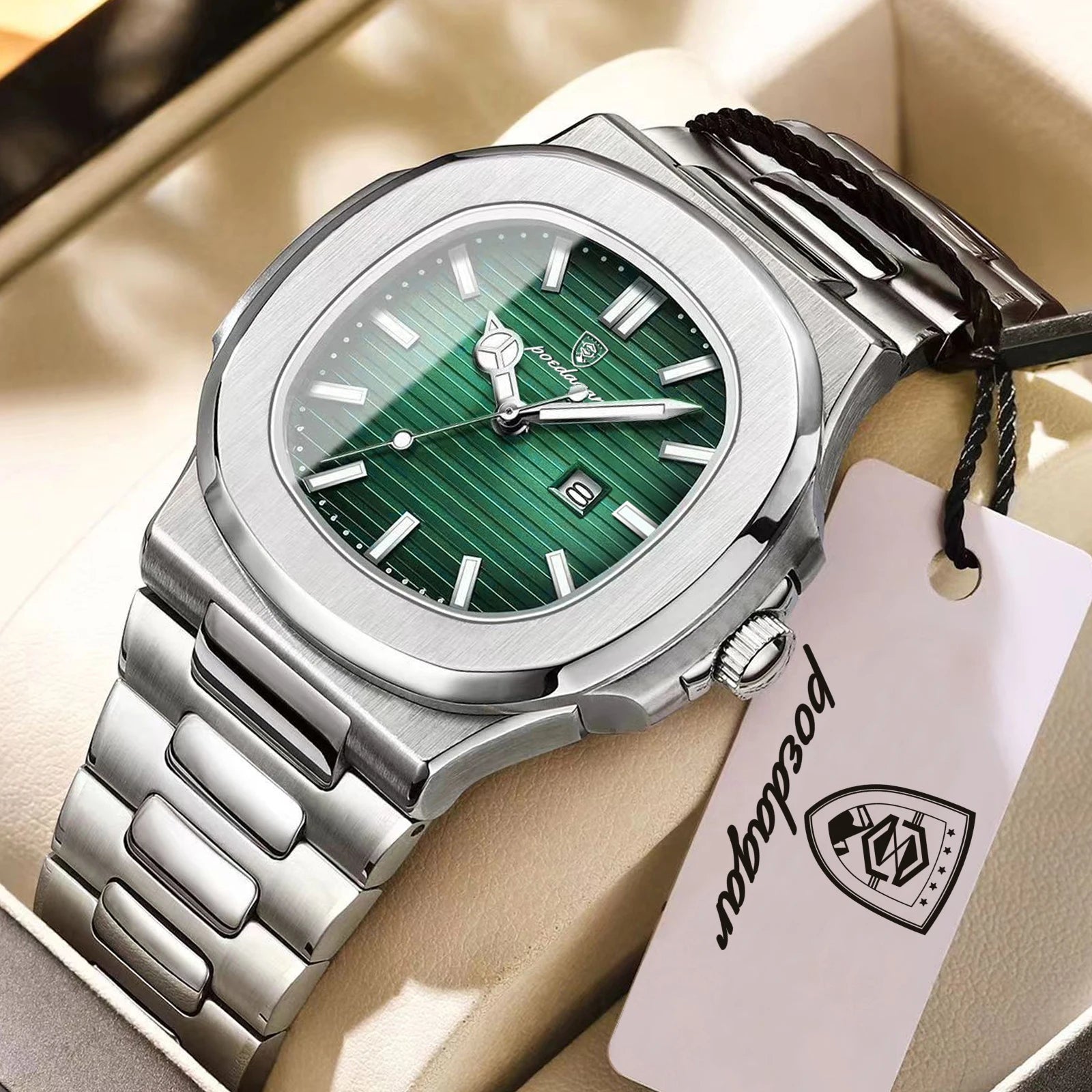 POEDAGAR Luxury Square Men Wristwatch Waterproof - 613 Silver Green S / United States / No