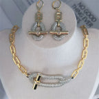 18k Gold Plated Stud Chain Nekelace Earrings Pave