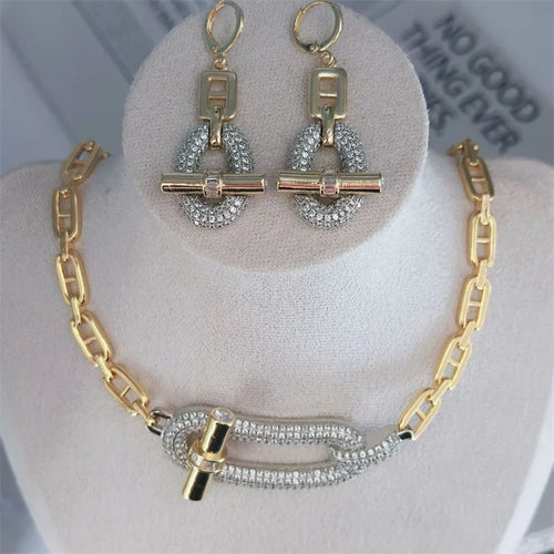 18k Gold Plated Stud Chain Nekelace Earrings Pave