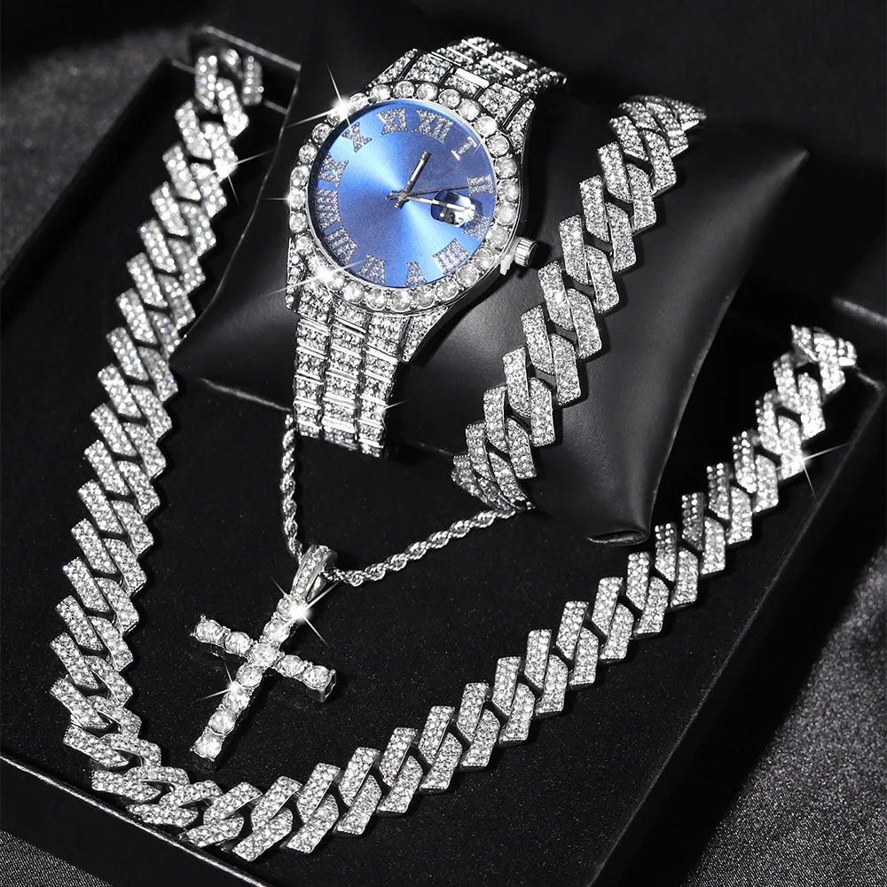 Quartz Watch Set Gift Box Cuban Necklace Bracelet