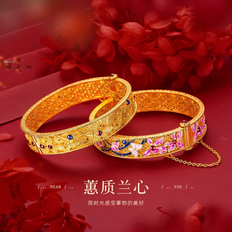 Women 9999 24K Real Gold Vintage Burnt Blue Cloiso