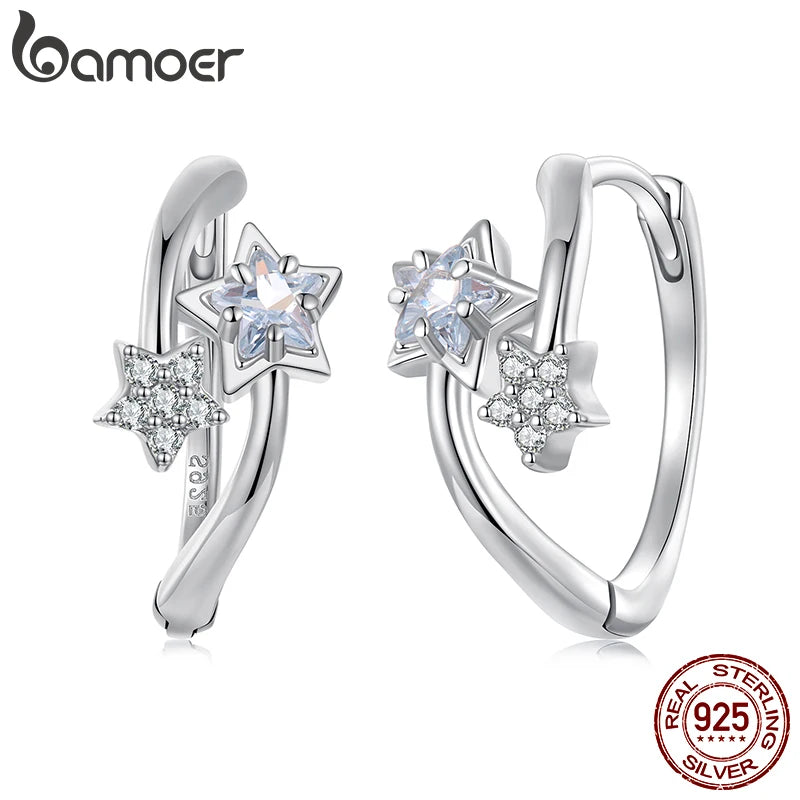 BAMOER 925 Sterling Silver Stars Hoop Earrings