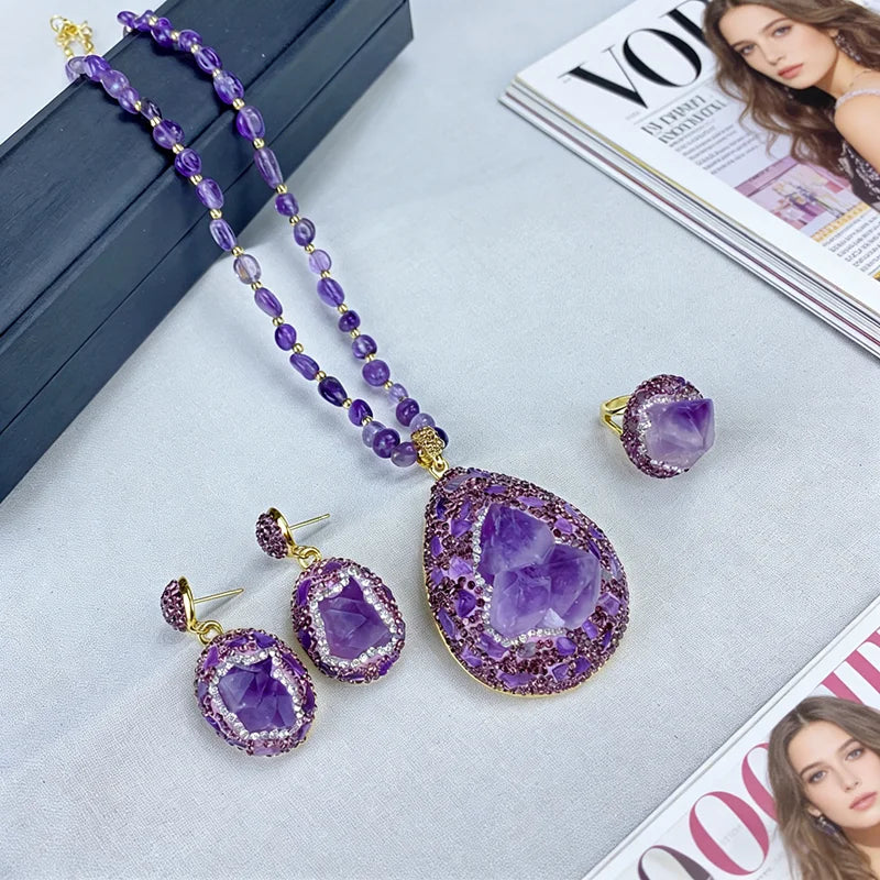 3pcs Jewelry Set Large Raw Amethyst Quartz Crystal