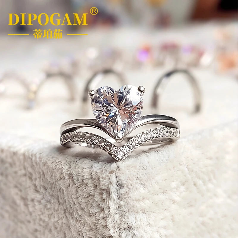 Dipogam 2CT Colorful Heart Moissanite Ring 925