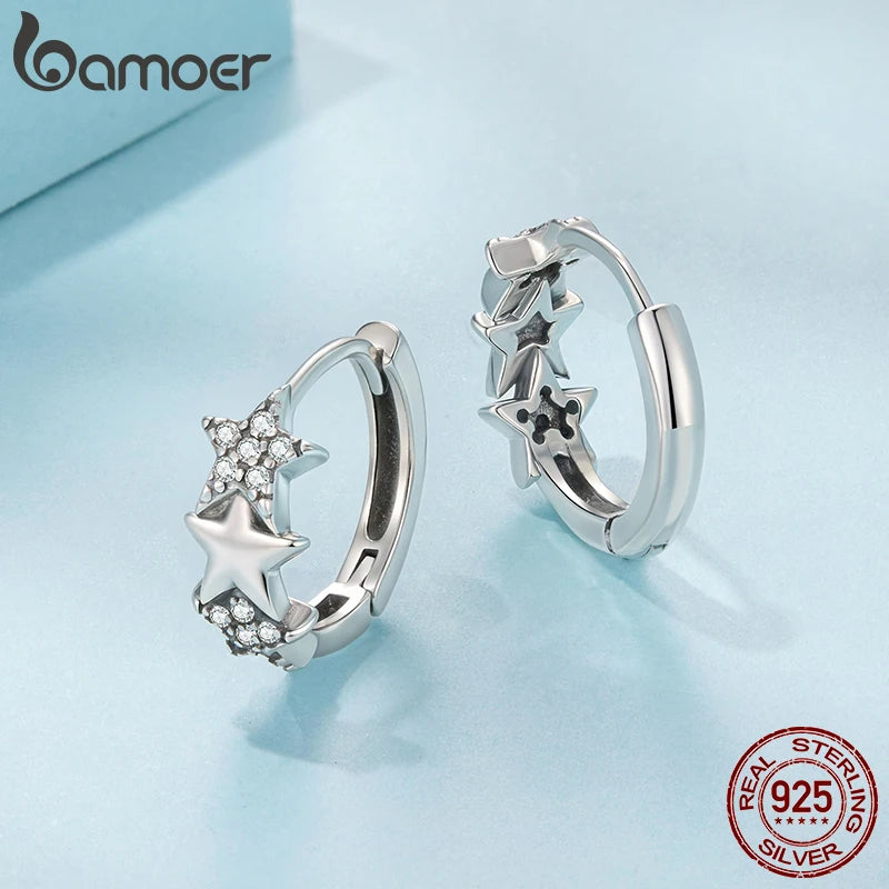 BAMOER 925 Sterling Silver Stars Hoop Earrings