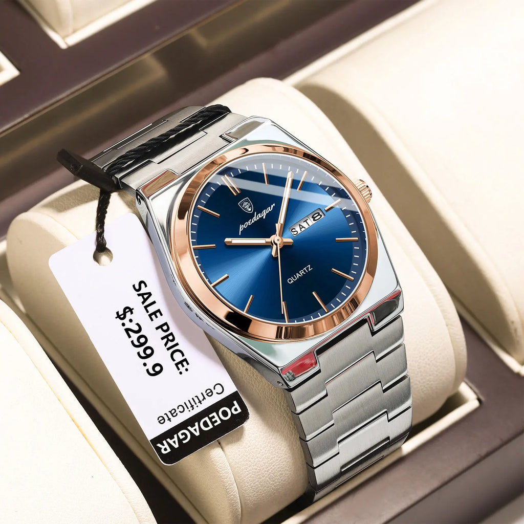 POEDAGAR Luxury Men's Watches Waterproof Luminous Date - 930 Rose Gold Blue