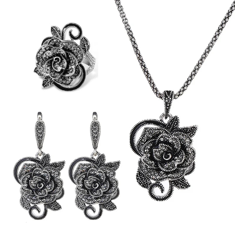 Ajojewel Black Crystal Rhinestone Rose Flower