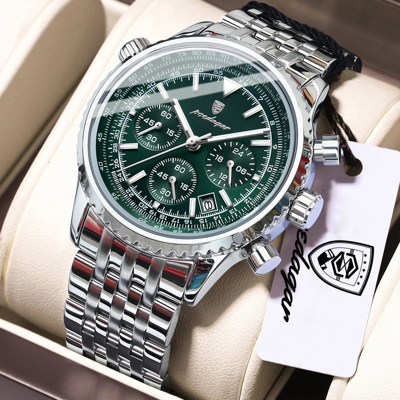 POEDAGAR Luxury Watches For Man Date Chronograph - 960 Silver Green