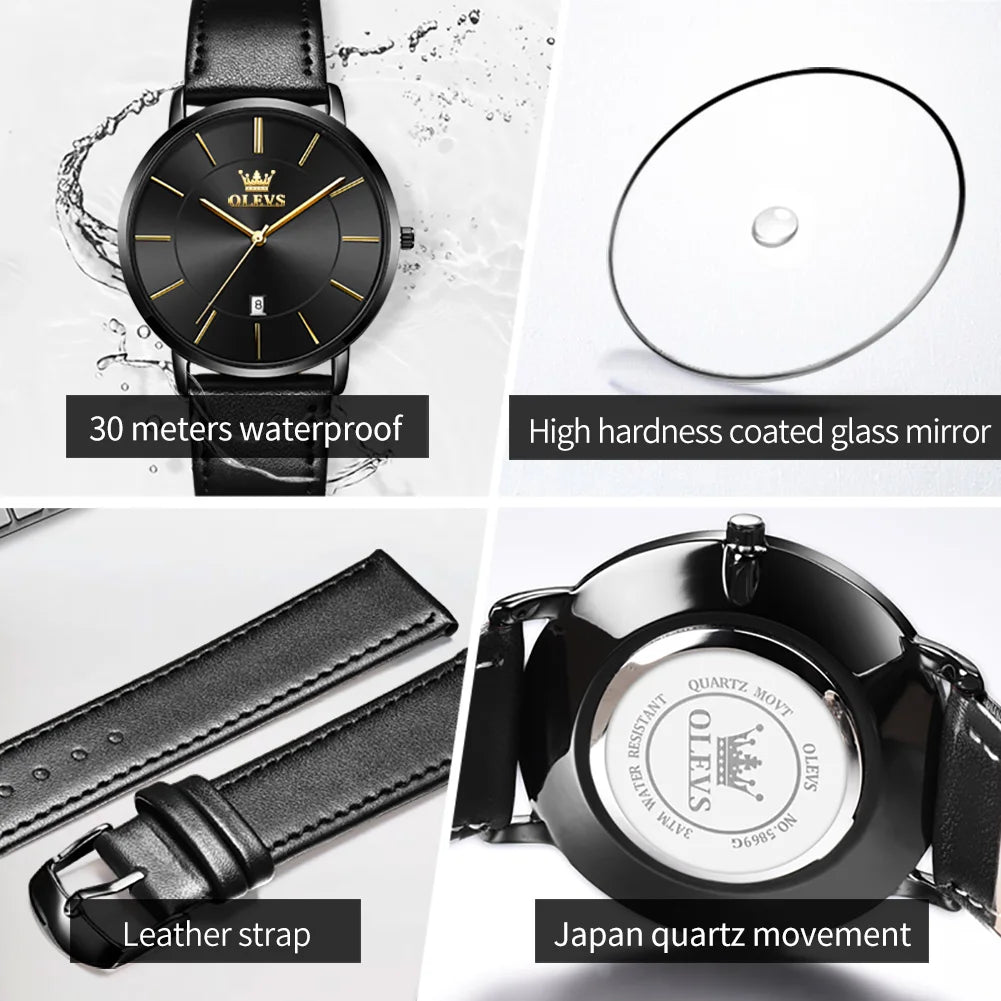 OLEVS Men's Ultra-Thin Quartz Leather Watch
