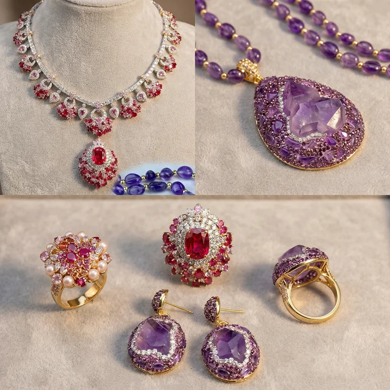 3pcs Jewelry Set Large Raw Amethyst Quartz Crystal