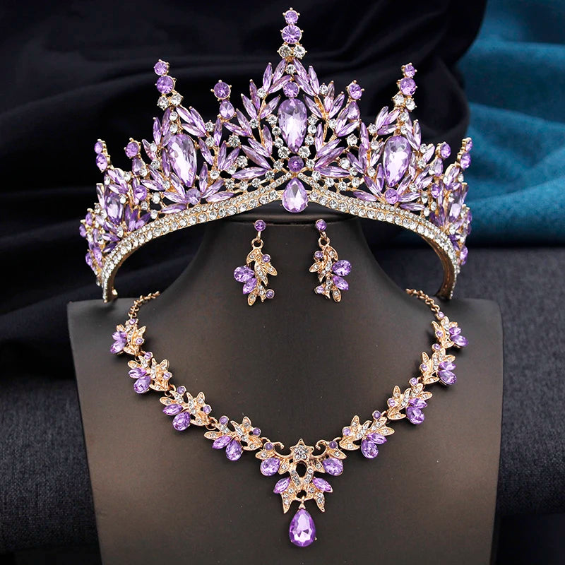 Royal Queen 3 Pcs Tiaras and necklace earrings for - Gold Purple Set